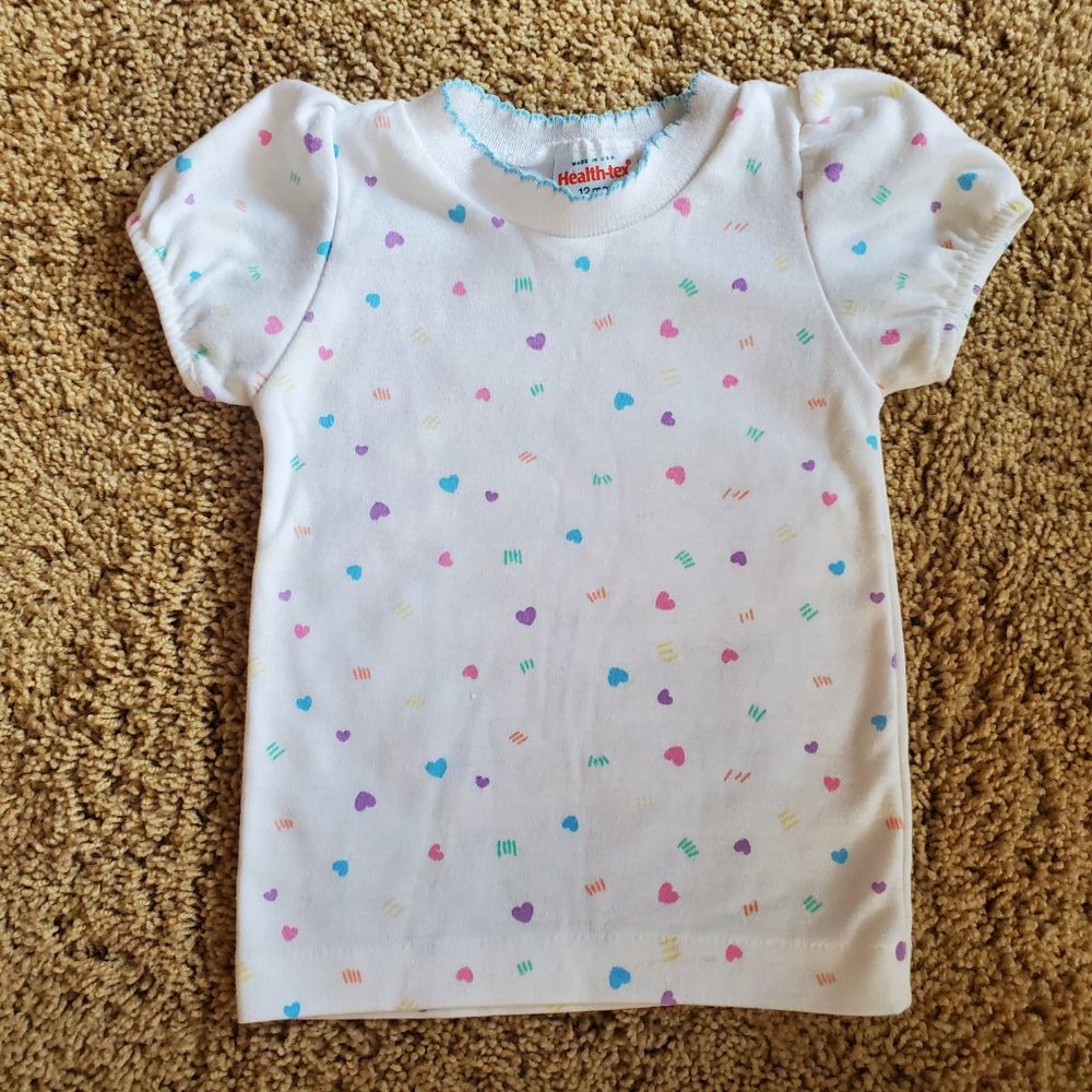 Vintage Healthtex Kids Girl Short Sleeve Top 12 Months Heart Print White